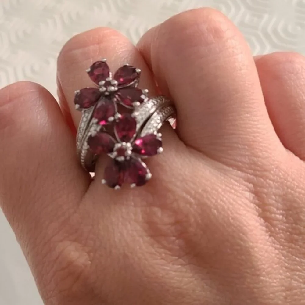 Vintage Boho Evening Sterling Silver Red Crystal Flower Cocktail Ring 7 - Picture 10 of 11